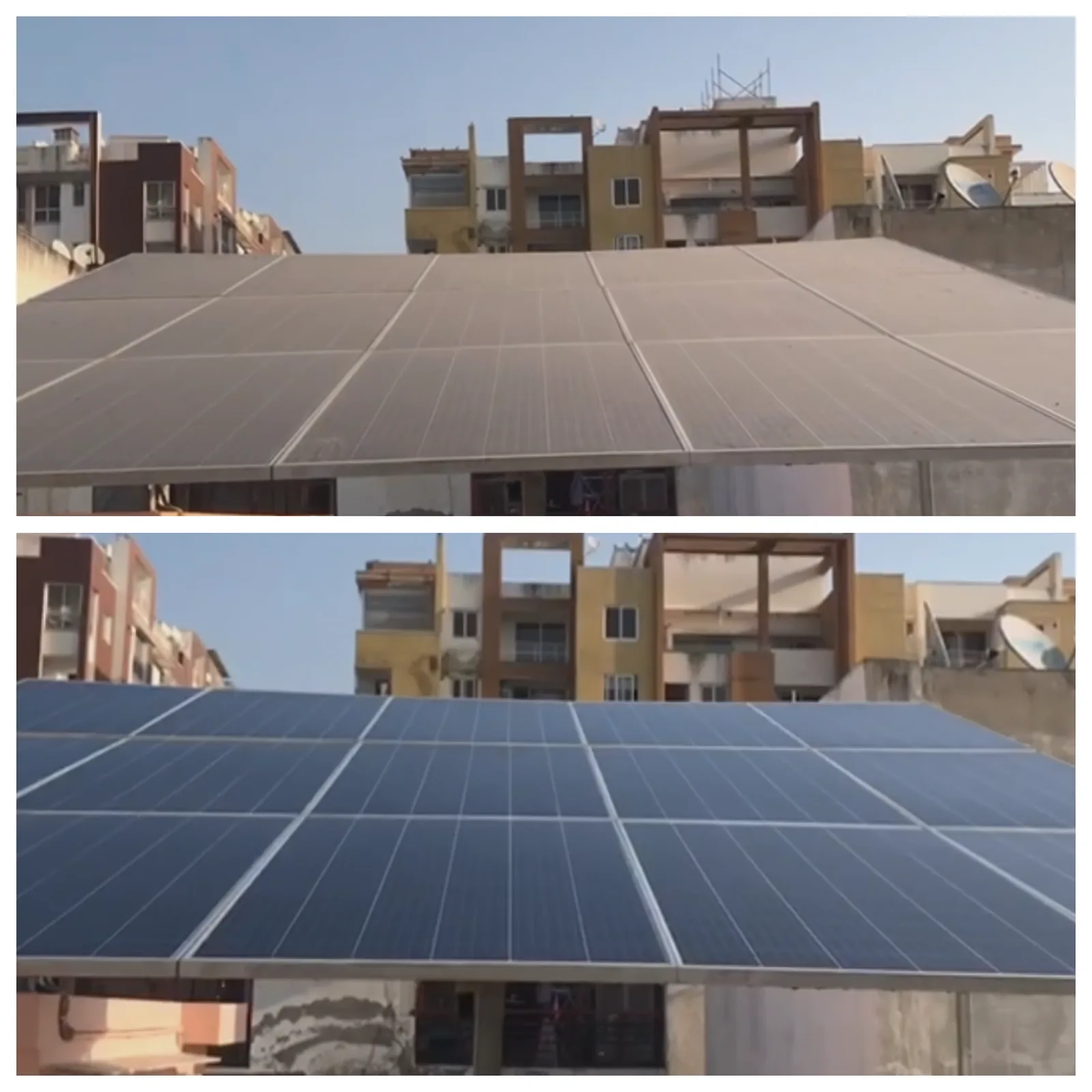 The same residential rooftop solar array before and after cleaning